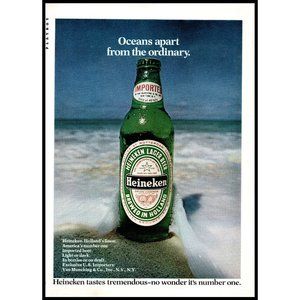 1975 Heineken Beer Vintage Print Ad Oceans Apart From Ordinary Bottle Beach Art
